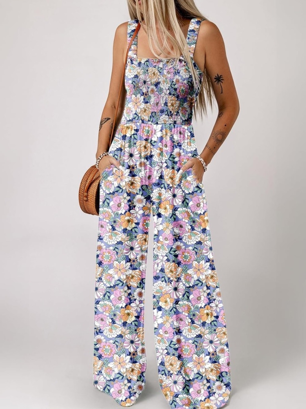 Floral Smocked Maxi Sundress in Lavender and White